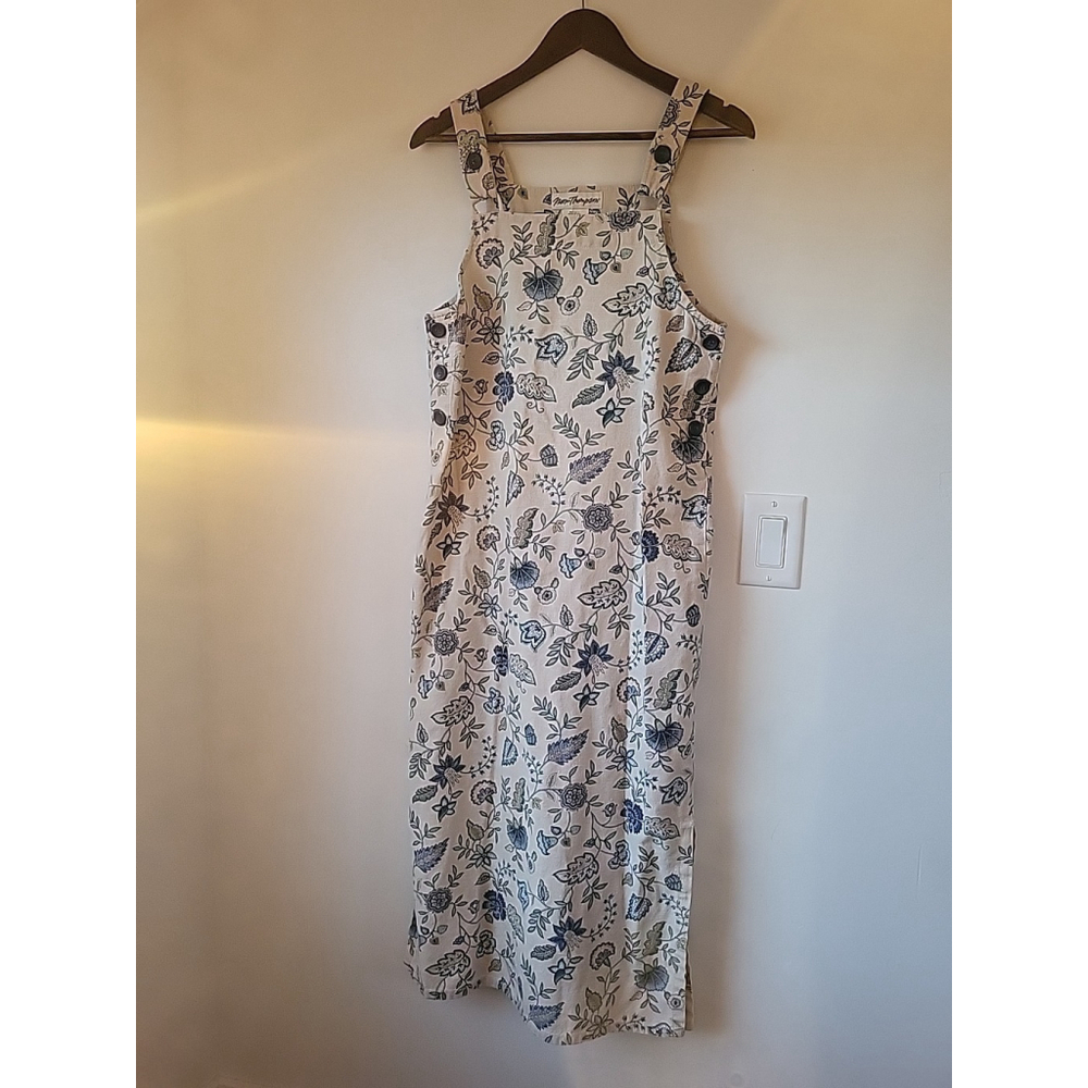 Vintage Cotton Blue Flower Floral 100% Cotton Canvas Dress S Large Made In USA